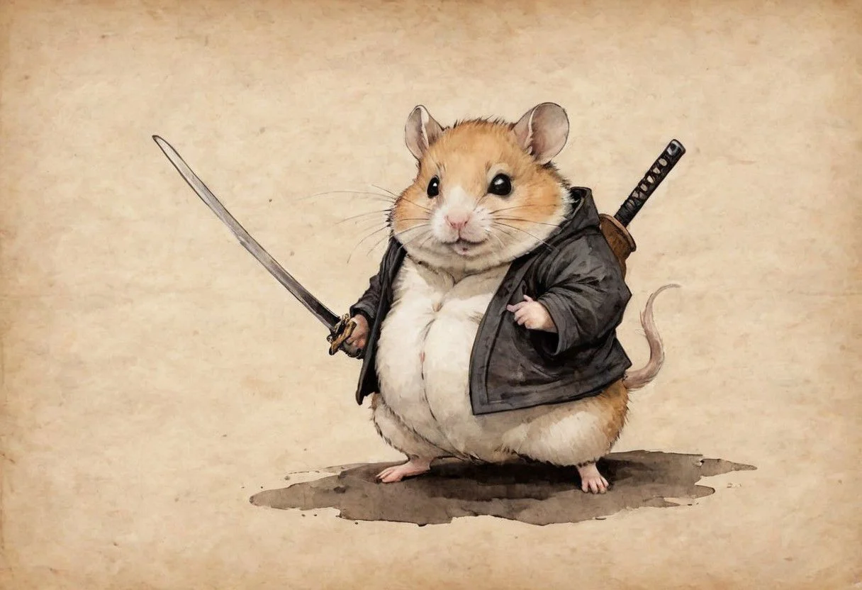 old book style ink illustration, on parchment, ink splashes, ink stains, ink smears, faded ink, samurai chubby Dzungarian hamster, katana, coat, pantless, linquivera, liiv1, on parchment