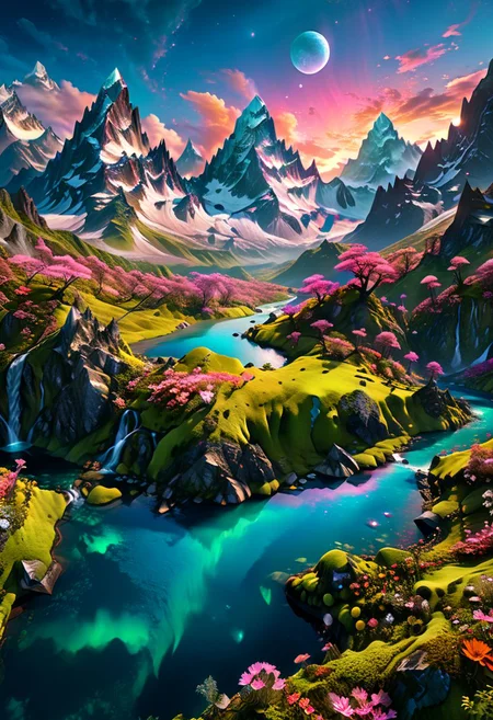 Render a fantastical mountain range on an alien world, with jagged peaks covered in luminescent moss and strange, glowing flowers. A crystal-clear river winds through the valleys, reflecting the vibrant colors of the sky. Above, multiple moons and a swirling galaxy provide a breathtaking backdrop. Best quality, high resolution, extremely detailed, 8k.