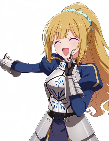 masterpiece, best quality, amazing quality,, <lora:kei-karuizawa-s2-v2-illustriousxl-lora-nochekaiser:1>, kei karuizawa, long hair, bangs, blunt bangs, purple eyes, blonde hair, hair ornament, ponytail, scrunchie, blue scrunchie, mature female, medium breasts, anime screencap,, <lora:saber-fate-cosplay-illustriousxl-lora-nochekaiser:1>, saberfatecosplay, saber (fate) (cosplay), armor, armored dress, blue dress, breastplate, dress, gauntlets, juliet sleeves, long sleeves, puffy sleeves,, <lora:hoshino-ruby-dance-illustriousxl-lora-nochekaiser:1>, hoshino ruby dance, finger wagging, index finger raised, dancing, outstretched arm, cowboy shot, smile, open mouth,, ^_^, , <lora:transparent-background-illustriousxl-lora-nochekaiser:1>, transparent background, simple background, white background, ,