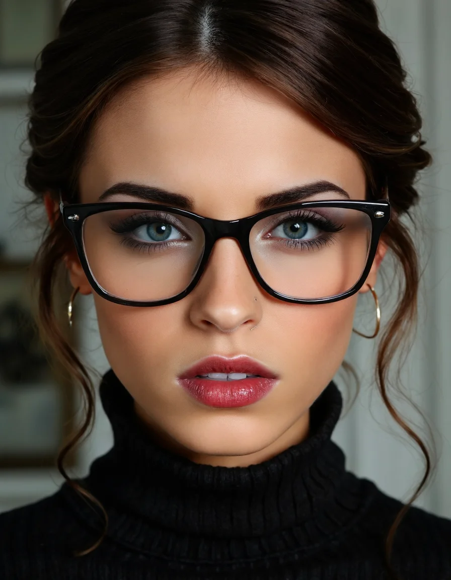 A striking portrait of a fierce woman with piercing eyes and bold, direct eye contact. She wears natural-looking brick-red lipstick and large, avant-garde glasses. The composition embodies a high-fashion editorial aesthetic, blending ethereal beauty with dramatic shadows and luxurious fashion details. The zoomed-out perspective places the subject in 30% of the frame, leaving ample negative space around her head for a modern, minimalist feel. The subtle 3D effect enhances the visual depth, creating a captivating and dynamic image.