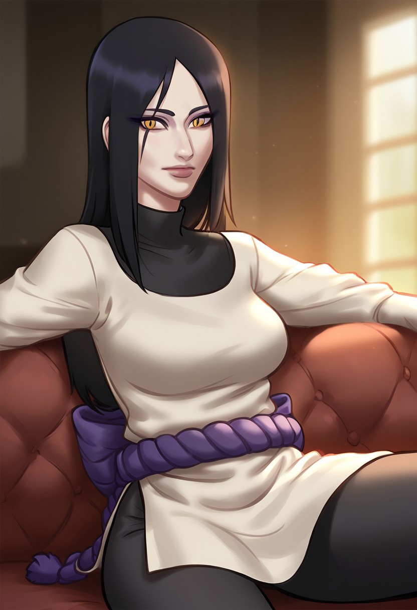 (score_9, score_8_up, score_7_up), 1girl, young adult, (Orochimaru but woman version, 18 years old, shippuden), medium breasts, slim fit, small waist, sexy
orochimaru, pale skin, makeup, long hair, black hair, yellow eyes, slit pupils
white dress, rope belt, short sleeves, black shirt, turtleneck, short over long sleeves, pelvic curtain, black pants
Ninja house, home, room, sofa, cozy, glossy, pretty girl, focus on girl, aesthetic,
