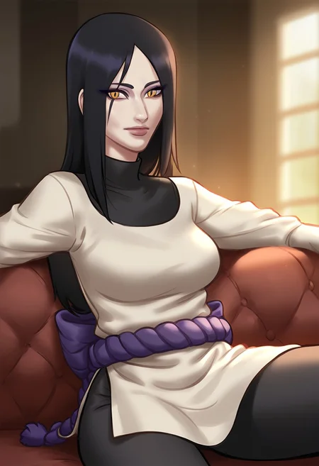 (score_9, score_8_up, score_7_up), 1girl, young adult, (Orochimaru but woman version, 18 years old, shippuden), medium breasts, slim fit, small waist, sexy
orochimaru, pale skin, makeup, long hair, black hair, yellow eyes, slit pupils
white dress, rope belt, short sleeves, black shirt, turtleneck, short over long sleeves, pelvic curtain, black pants
Ninja house, home, room, sofa, cozy, glossy, pretty girl, focus on girl, aesthetic,