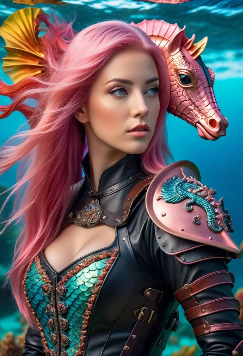 portrait photo of a Young beautiful
woman With long pink hair wearing
leather armour, gazes at a colorful sea
horse floating to the left of her ,seductive, (masterpiece) (best quality) (detailed) (8k) (HDR) (wallpaper) (cinematic lighting) (sharp focus) (intricate)