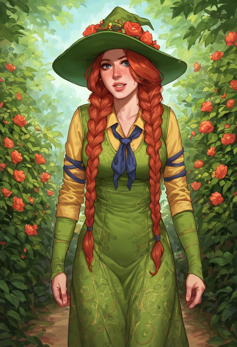 score_9, score_8_up, score_7_up, source_cartoon, BREAK 1girl, Mgarlick, red hair, long hair, twin braids, freckles, Hair over shoulders, Green dress, long sleeves, green hat, hat flowers,