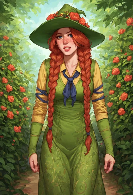 score_9, score_8_up, score_7_up, source_cartoon, BREAK 1girl, Mgarlick, red hair, long hair, twin braids, freckles, Hair over shoulders, Green dress, long sleeves, green hat, hat flowers,