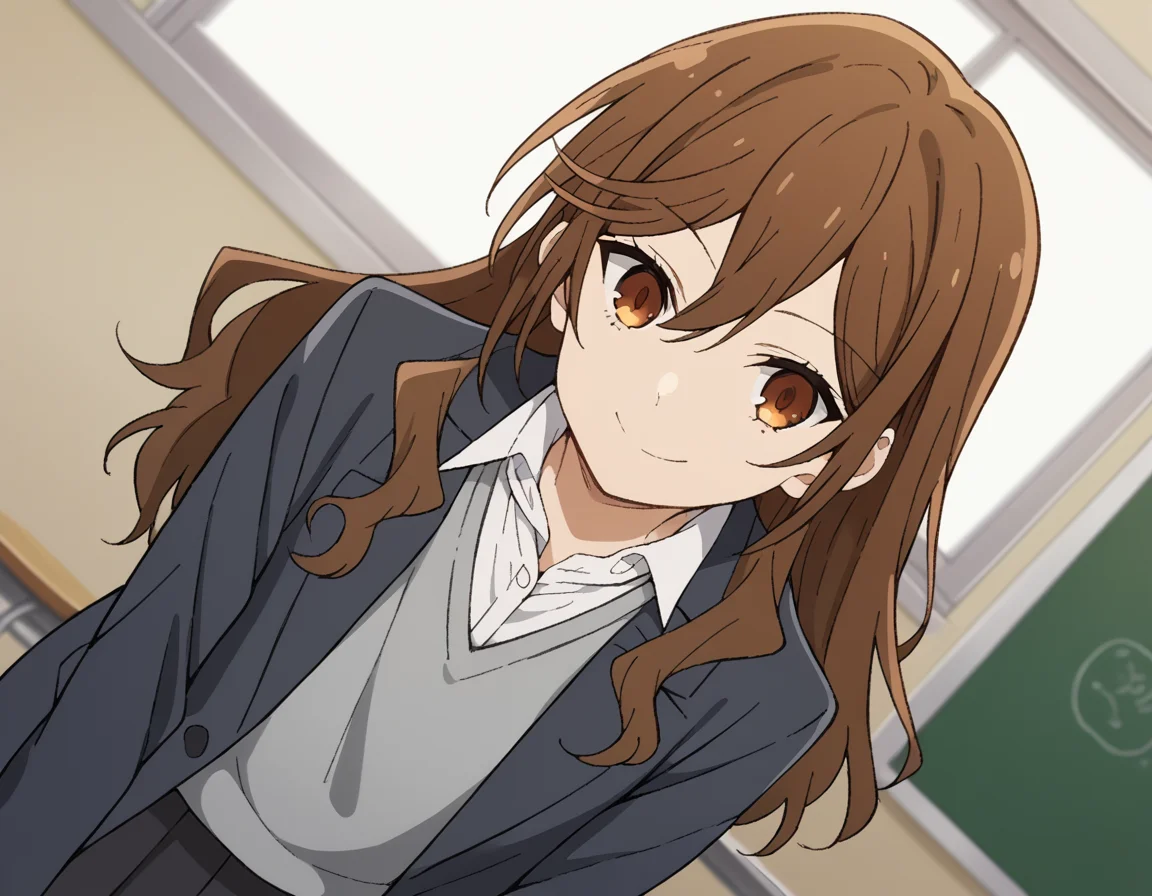 score_9, score_8_up, score_7_up, source_anime,
kyoukohori, <lora:kyouko-hori-s2-ponyxl-lora-nochekaiser:1>,
kyouko hori, long hair, bangs, brown hair, hair between eyes, brown eyes,
shirt, school uniform, jacket, collared shirt, blazer, sweater, grey sweater, white shirt, black blazer, skirt, black skirt,
indoors, classroom, smile, bent over,
cowboy shot, looking at viewer, solo, dutch angle,