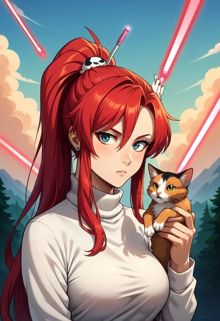 Score_9_up, score_8_up, score_7_up, source_anime, BREAK serious 1girl, slimes_yoko meme, holding cat, hair ornament, ponytail, turtleneck sweater, double exposure, laser background, family photo