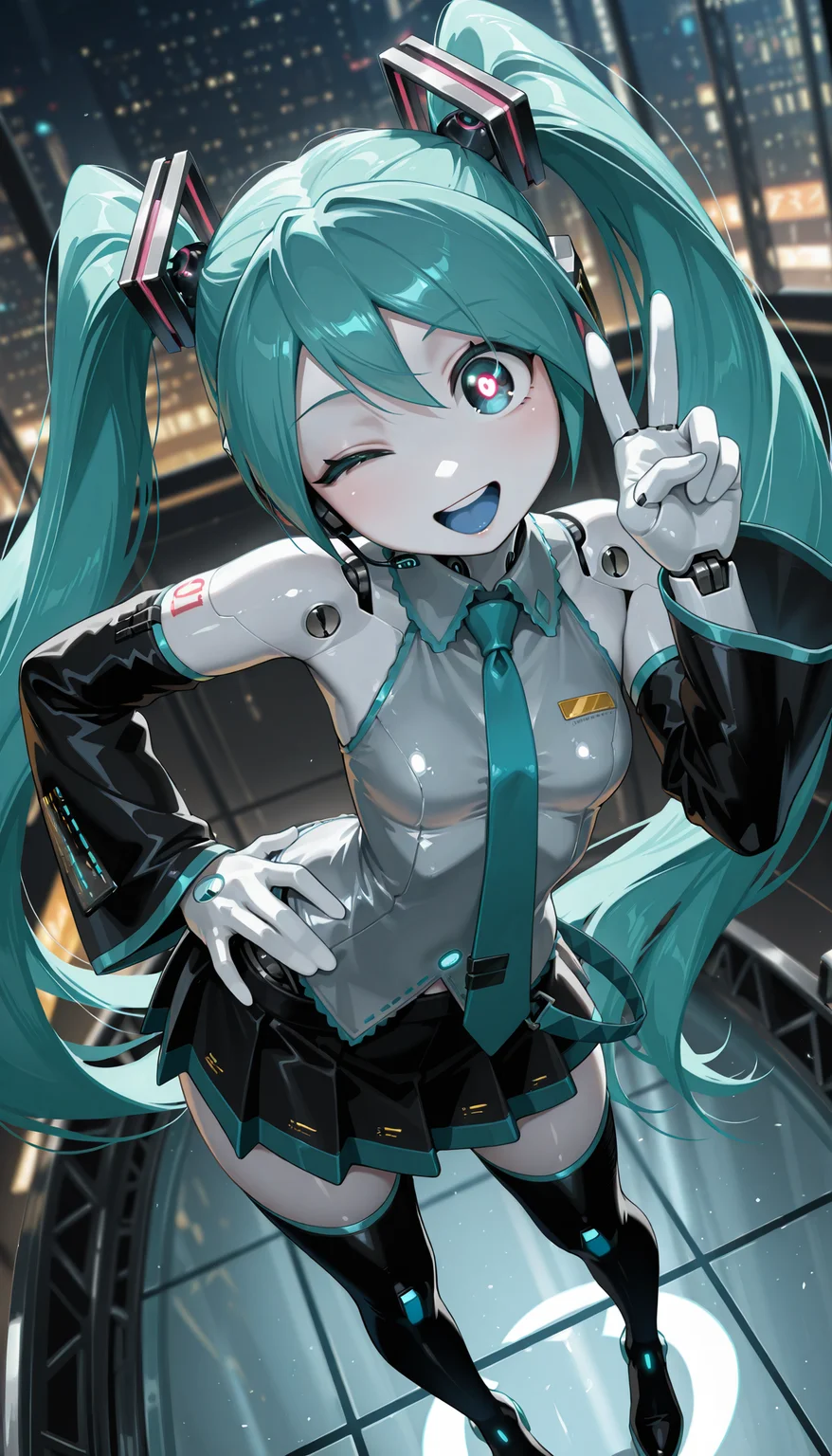 masterpiece, best quality, amazing quality, very aesthetic, absurdres, newest, cartoon, dramatic light, 1girl, solo, (jenny wakeman:1.3) AND hatsune miku, (robot, android, part lines:1.2), (white skin, metalic skin, ceramic skin:1.2), collared wide detached sleeve grey shirt, necktie, skirt, thighhighs, (no nose:1.2), [shiny black eyes:symbol-shaped pupils:13], bright pupils, big eyes, one eye half-closed, (winking:0.8), open mouth, smile, blue tongue, standing, posing, twisty pose, head tilt, legs apart, long hair, small breasts, wide hips, narrow waist, from above, face focus, dutch angle, v, one hand on hip, cyberpunk, stage, blue neon, spot light, fine shiny fablic emphasis, BREAK, robot white hands, fingers, eyes, extremely detailed eyes, photorealistic detail, detailed background, volumetric lighting, depth of field
