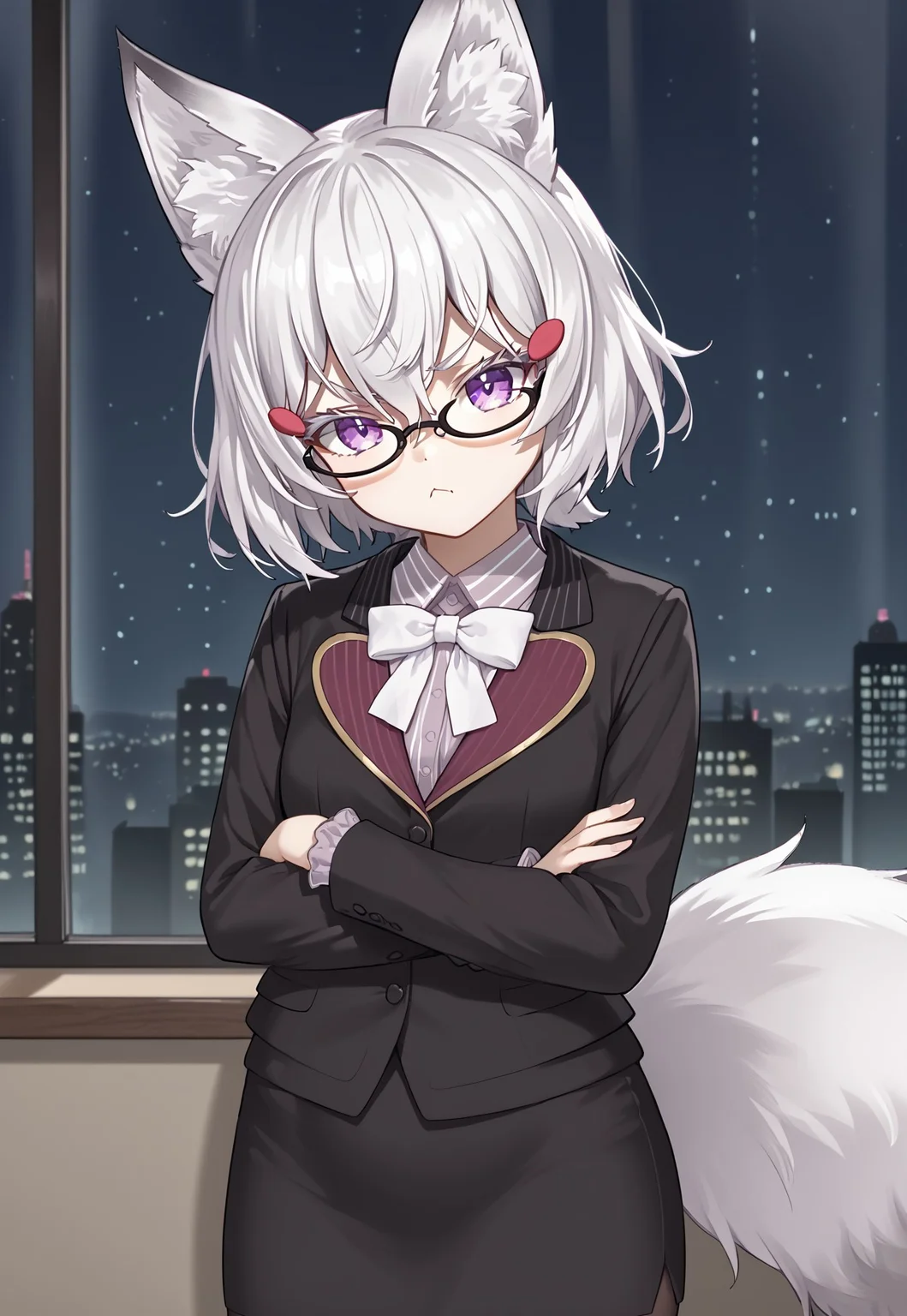 1girl, solo, solo focus, highres, absurdres, LadyMaemi, fox ears, hair ornament, white hair, glasses, animal ear fluff, purple eyes, black-framed eyewear, short hair, hairclip, bangs, hair between eyes, 

white shirt, striped shirt, collared shirt, long sleeves, white bowtie, fox tail, black skirt, pencil skirt, black pantyhose, 

black jacket, suit, 

looking at viewer, head tilt, crossed arms, pout,

indoor, cityscape, neon lights, window, dark, night, night sky, light particles, backlighting, shade,