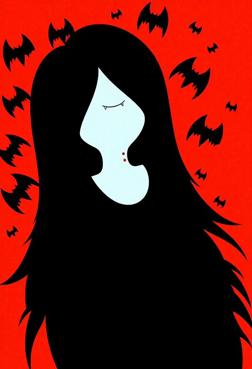 a digital drawing in a simple, cartoonish style, it features Marceline Abadeer with, flowing black hair that cascades down her back, creating a sense of movement and energy, surrounding her are numerous small, black bat-like shapes, adding a spooky or eerie element to the image, the background is a solid, bright red, which contrasts sharply with her black hair and the vividness of her skin, making her stand out vividly, the overall mood of the drawing is dark and mysterious, evoking a blend of fantasy and horror<lora:CustomFlux/Marceline_Abadeer.safetensors:1.0:1.0>