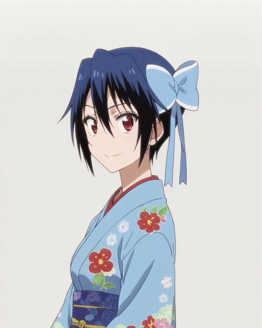 score_9, score_8_up, score_7_up, best quality, masterpiece, anime, anime screencap, anime coloring, looking at viewer, 1girl, solo, upper body, simple background, solid white background, <lora:seishirou-nisekoi:0.8>, seishirou tsugumi, hair bow, floral pattern, blue kimono, smile