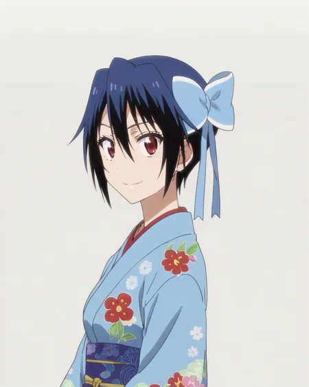 score_9, score_8_up, score_7_up, best quality, masterpiece, anime, anime screencap, anime coloring, looking at viewer, 1girl, solo, upper body, simple background, solid white background, <lora:seishirou-nisekoi:0.8>, seishirou tsugumi, hair bow, floral pattern, blue kimono, smile