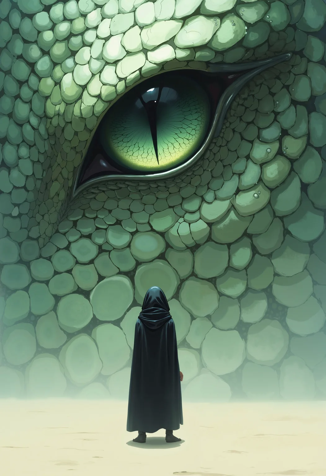 bo-snake, a oil paint on canvas of a world of mystical anime snake, dark fantasy, a digital artwork depicting a solitary figure standing in front of a close-up view of a dragon's eye, the dragon's skin texture is intricately detailed, with scales of varying shades of light green and beige, resembling a reptilian or dragon-like creature, the scales are arranged in a uniform pattern, with some overlapping and some standing upright, the figure is dressed in a dark, hooded cloak, which covers the entire body of the dragon, giving it a mysterious and enigmatic appearance, the background is a plain, light-colored surface, possibly a desert or a sandy beach, with no other objects or people present, the lighting is soft and diffused, creating a serene and ethereal atmosphere, the overall color palette is muted, with shades of blue, green, and white dominating the scene, the texture of the scales is smooth and slightly glossy, enhancing the realism of the creature's skin, the image conveys a sense of mystery and isolation, with the figure standing at the bottom of the image, drawing the viewer's attention to the dragon<lora:boFLUX Year of the Snake.safetensors:1.0:1.0>