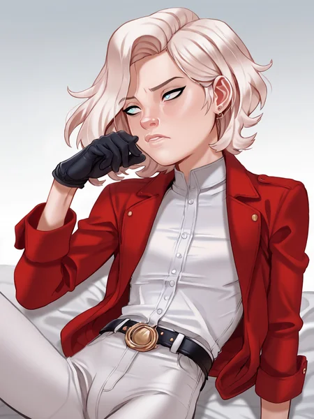 score_9, score_8_up, score_7_up,  score_6_up, BREAK, LilValentina, short hair, blue eyes, white pants, white shirt, red jacket, black gloves, earrings, <lora:Valentina:1>