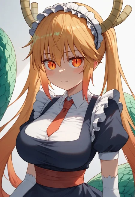 score_9, score_8_up, score_7_up, professional anime,1girl,solo,(tohru from to kobayashi-san chi no maid dragon),Tohru_(Maidragon),orange_eyes, slit_pupils, blonde_hair, long_hair, gradient_hair, twintails, large_breasts, dragon_girl, dragon_horns, dragon_tail, maid_headdress, blue_dress, red_necktie, puffy_short_sleeves, white_gloves, elbow_gloves, collared_shirt, frills