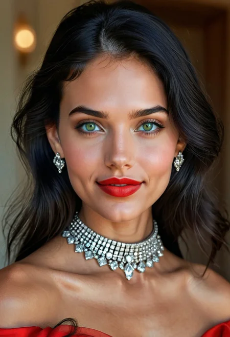 photorealistic, epic realism, (masterpiece), (Realistic photo), (High quality), (RAW photo 8k), (upper body), (Photography by Steve McCurry), incredibly absurdres, young, supermodel, 1girl, solo, ((upper body:1.4)), ((portrait, looking at the viewer)), (outline defined full lips:1.4), (green/hazel eyes), perfect symmetrical eyes, long eyelashes, wearing an red haute couture dress, neckline, diamond choker, diamond stud earrings, sparkle, (highly detailed, intricate), ((black hair:1.4), modern hairstyle, hair intakes, (healthy hair, silky hair, voluminous hair)), ((natural, eyeliner, seductive smiling expression, closed mouth, closed lips, highly detailed face)), (exceptional Detail Clarity, dynamic angle, DSLR, hyper-detailed), (fine details, sharp focus, depth of field).