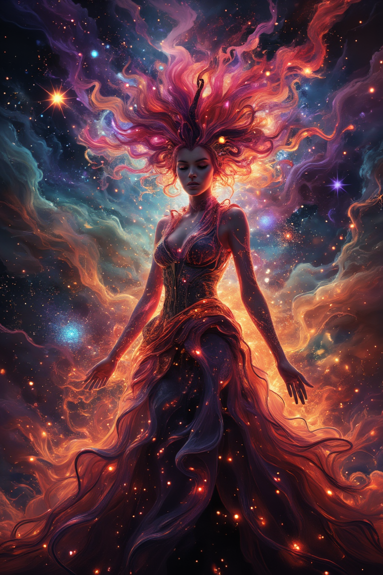 in ARTIST style, masterpiece, female sentient cloud being, wispy form composed of swirling stardust and nebula gas, attire a symphony of celestial bodies galaxies draped like scarves, comets as sashes, rendered in a cosmic abstract style with swirling brushstrokes, wearing unique Avant-garde masterpiece attire and headdress, bathed in the diffused glow of a neutron star, set against the backdrop of a colliding galaxies fiery tendrils of energy weaving between them, Background is Deep space with a churning vortex of color and light, hyperdetailed, intricate details, Refined details, best quality, highly detailed textures, very stylish detailed modern haircut, mesmerizing detailed radiant face, mesmerizing detailed beautiful eyes, (red hybrid orange) neon light,scifi, 
<lora:Space-flux:0.8> noc-space,
<lora:aidmaGLOWV4wc:0.6> aidmaGlow,
<lora:edgy_fashionista_flux_ntc_v2:0.5>,
<lora:bokeh_flux_ntc:0.5>,
<lora:detailed_flux_ntc:0.5>