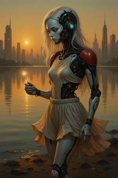 , Masterpiece, high quality. Oil Painting, Hyper-realistic, hyper-detailed, a young tween robot girl dressed in light summer attire walks along the edge of a tranquil lake, her silhouette illuminated by the golden glow of the setting sun. Her face is pale, almost translucent white. She has bright glowing blue eyes, and flowing white hair. She has a skinny mechanical body of black and red mechanical shoulders and arms have articulated joints. In her hand, she holds a sparkler, its bright, flickering light casting a playful glow on her fingers. Behind her, a futuristic cyberpunk city skyline stretches across the horizon, its buildings bathed in the warm hues of twilight. The lake reflects both the cold city lights and the fiery sparks of the sparkler, creating a mesmerizing blend of natural beauty and urban energy. The atmosphere is serene yet dynamic, capturing the essence of a summer evening filled with quiet contemplation and gentle celebration. Focus on the girl, shadow and light, Masterpiece, intricate lines, intriguing atmosphere, sharp magnificent details, delicate features, elaborate details, (2/3 rule composition:0.5), ultra detailed, romantic, Rembrandt lighting, brush stroke, lovely, in the style of Rembrandt. Vantablack.