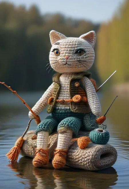 fishing, lake, sitting, cat, by saint exupery, crocheted style