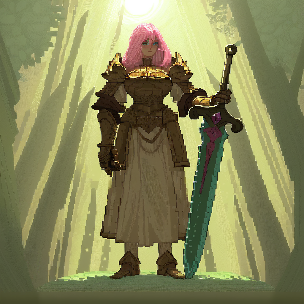 score_9, score_8_up, score_7_up, source_anime, fine sketch, manga style, vibrant pixel art, detailed pixel art, (1girl), pink hair, {blush}, med hair, bangs, a medieval assassin, wearing a (long heavy tunic with a hood), and light armor, highly detailed, full body illustration, milf, mature female, late 30s, midwife, adventurer, heroin, grabbing the handle of a, (giant_sword), (resting stance), wide shoulders, (muscular:1.2), (tall height), busty, gauntlets, (armor tasset's:1.1), leaning left, looking to the left, epic composition, fantasy, a stunning scene, fantasy aesthetic, pink-blossom trees in the background, with insanely intricate details and textures, sun rays, dramatic lighting, perspective, dynamic, foreshortening
