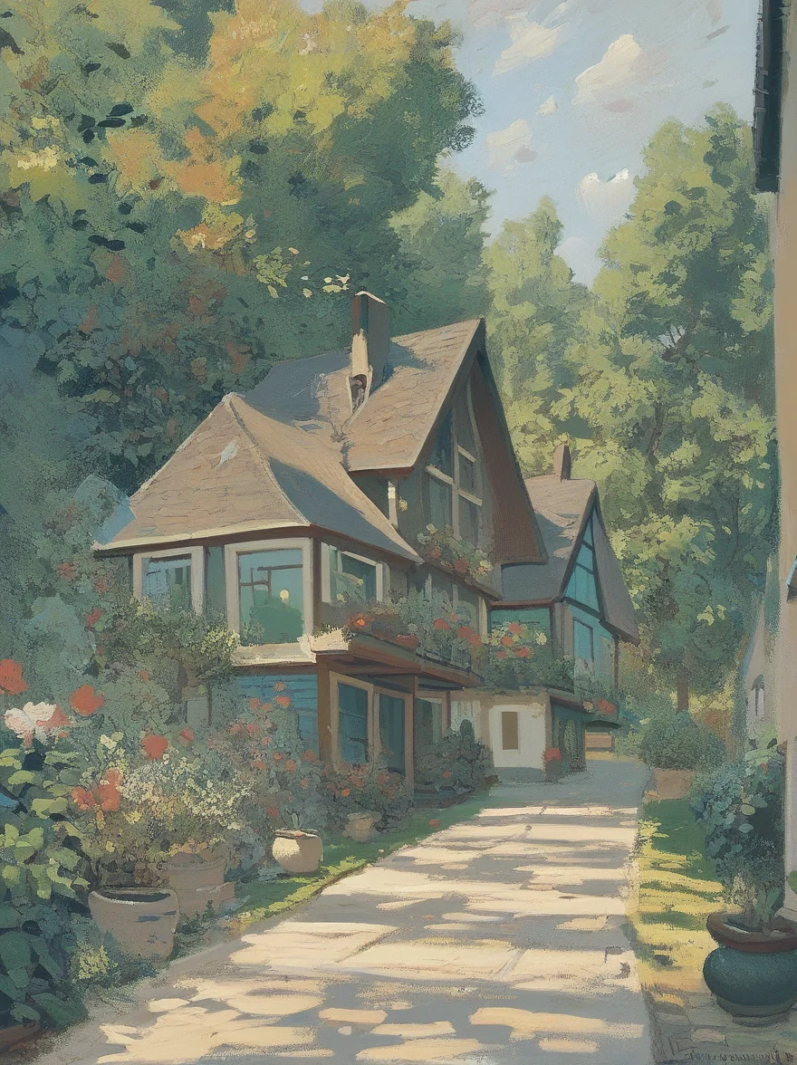 score_9, score_8_up, score_7_up, score_6_up, house in a garden with a view of the ocean and trees in the background, <lora:Claude_Monet_Style:1>