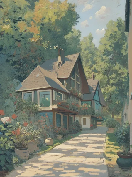 score_9, score_8_up, score_7_up, score_6_up, house in a garden with a view of the ocean and trees in the background, <lora:Claude_Monet_Style:1>