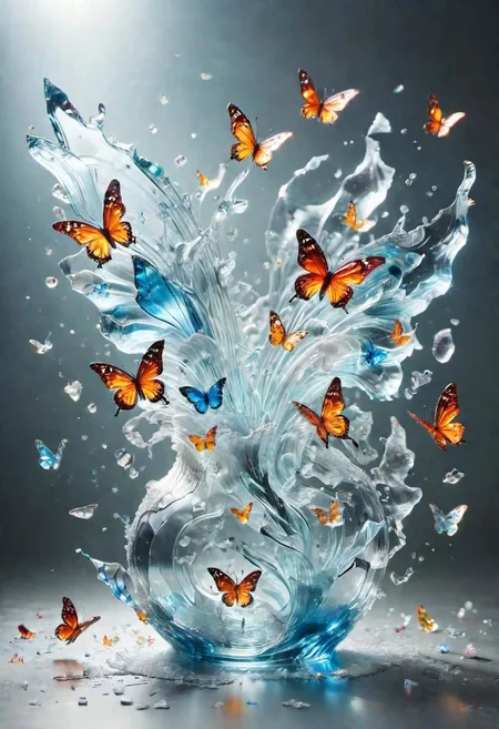 epic insane detailed long exposure photo shot, dramatic shot, Made_of_pieces_broken_glass transparent sculpture of a broken glass vase , focus on a vase, (bouquet of flowers in a vase:1.2), spilled water on the table, flying Butterflies in the air, glass,crack,broken glass, vibrant colors, Made_of_pieces_broken_glass, <lora:Made_of_pieces_broken_glass_v2-000005:0.7>, Vibrant colors, abstract forms, surreal, trippy, crystalz, Made_of_pieces_broken_glass, glass, shards, broken glass, transparent glass, pieces of glass, sparkles, glitter, made of water, m1c, cl1, bc7, gl5, t3n, ml3, gl0, bbl3, p7p, s7r, ph0, br1, 3mc, detailed, particles, water, crystal, translucent, transparent