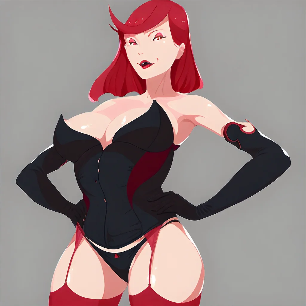 masterpiece,best quality,amazing quality,very aesthetic,absurdres,ScarlettTOW, 1girl, red eyes, red makeup, solo, corset, elbow gloves, garter straps, thighhighs, panties, hands on own hips,