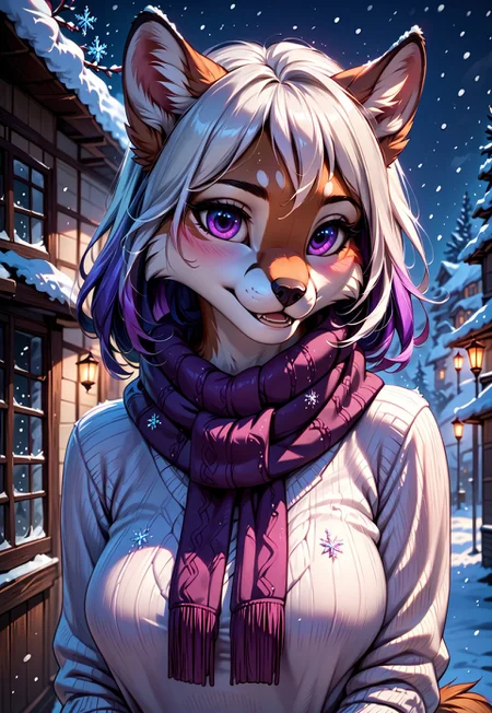 safe_pos, score_9, score_8_up, score_7_up, score_6_up, photorealistic, epiCPhotoGasm-colorfulPhoto, Realistic, highres, super high resolution, 8k, photo, furry, Furry, anthro, fur, female, realistic, detailed, tail, detailed fur, female,
score_9, score_8_up, score_7_up, score_6_up, 25 years old, perfect face, (adult), sexy, close view,
purple eyes,
multicolored hair, colored inner hair, white hair, purple glowing hair, purple glowing scarf,
white sweater,
winter, snowing, snowflakes,
blush, shy smile,
night,
