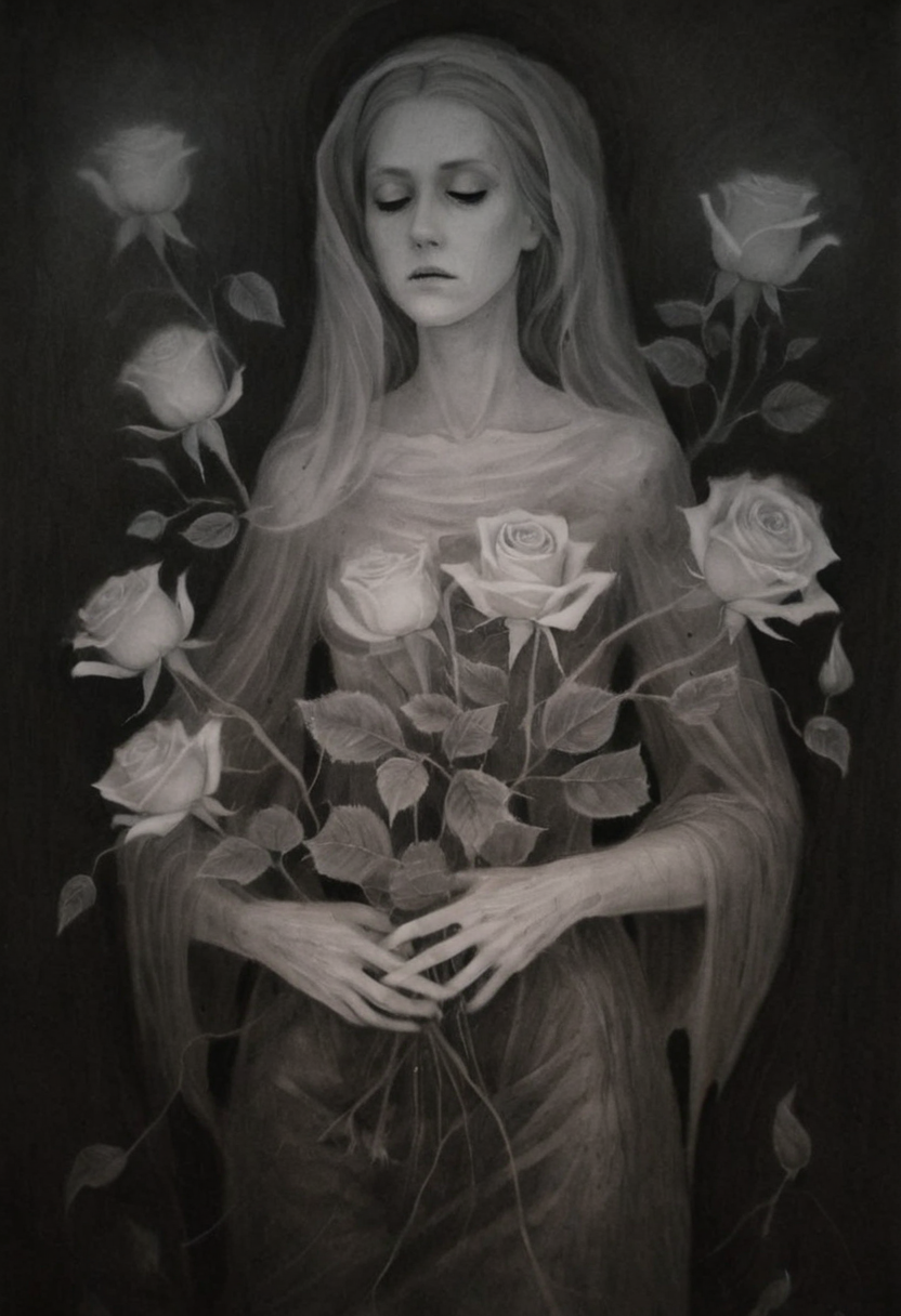 monoxxdr4ws, A dark, monochromatic drawing of a woman holding glowing roses, surrounded by ghostly floral elements. Gloomy, surreal atmosphere, dreamlike quality, ethereal, unsettling, detailed line work, dramatic shadows, charcoal drawing