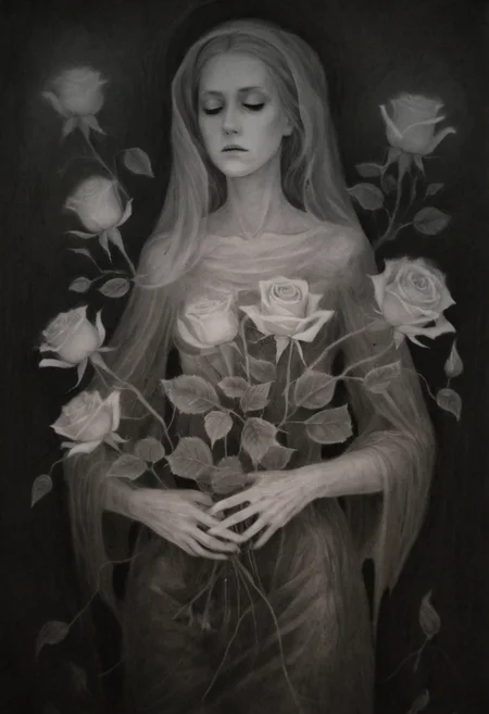 monoxxdr4ws, A dark, monochromatic drawing of a woman holding glowing roses, surrounded by ghostly floral elements. Gloomy, surreal atmosphere, dreamlike quality, ethereal, unsettling, detailed line work, dramatic shadows, charcoal drawing