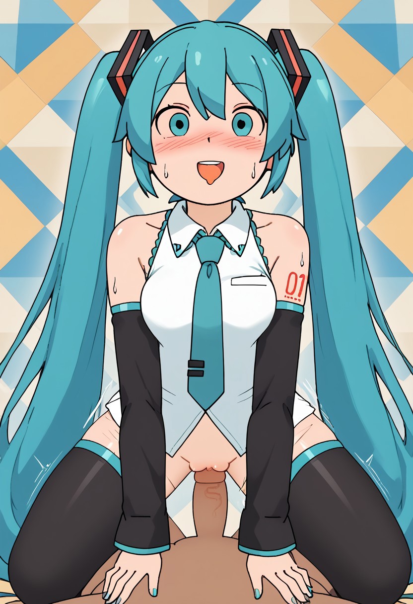 score_4,score_5,score_6,score_7_up,score_8_up,score_9 ((masterpiece,best quality,ultra detailed,highres,HD,4k:1.2)), 
jyuukyuu, flat color, deformed, deformed characters, round face,mob face,
Colorful background,
1 girl,1boy,hetero,pov,solo forcus,girl forcus, perfect penis,perfect nipples,perfect pussy, nsfw,Expressive,sex,straddling,cawgirl,cawgirl sex, blush,smile,open mouth,
 hatsune miku,absurdly long hair,aqua hair,twintails,hair ornament,sidelocks,hair between eyes,parted bangs, aqua eyes,
white shirt,collared shirt,bare shoulders,sleeveless shirt,aqua necktie,detached sleeves,black sleeves,shoulder tattoo,fringe,black thighhighs,miniskirt,pleated skirt,zettai ryouiki,thigh boots,
((open mouth,Sticking out tongue,blush,arousal, orgasmic arousal, sweat, steam,heart,heart effect)) ((motion blur, motion lines:1.2))