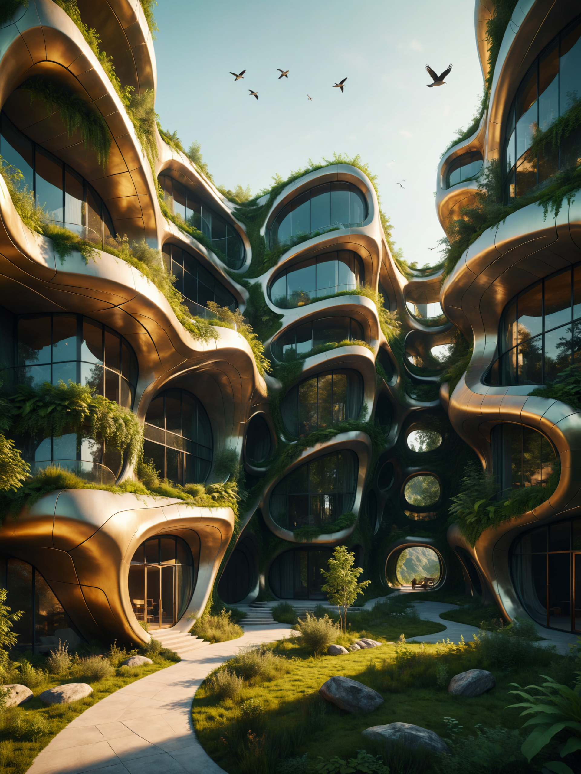 inspired by (zaha hadid:1.2) and (beeple:1.2), organically shaped building, seamless integration of fantastic architecture into a beautiful landscape, green facade, golden hour, dappled sunlight, birds eye view, ultra detailed, 8k, uhd <lora:add-detail-xl:1.4> <lora:more_artful-xl:0.6>