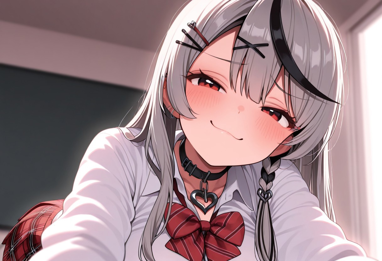 masterpiece, best quality, amazing quality, 
sakamata chloe, grey hair, streaked hair, multicolored hair, red eyes, gyarumata, long hair, cute, smug, horny, lustful, sexy pose,  
o-ring choker, bowtie, white shirt, tucked in, plaid skirt, pleated skirt,