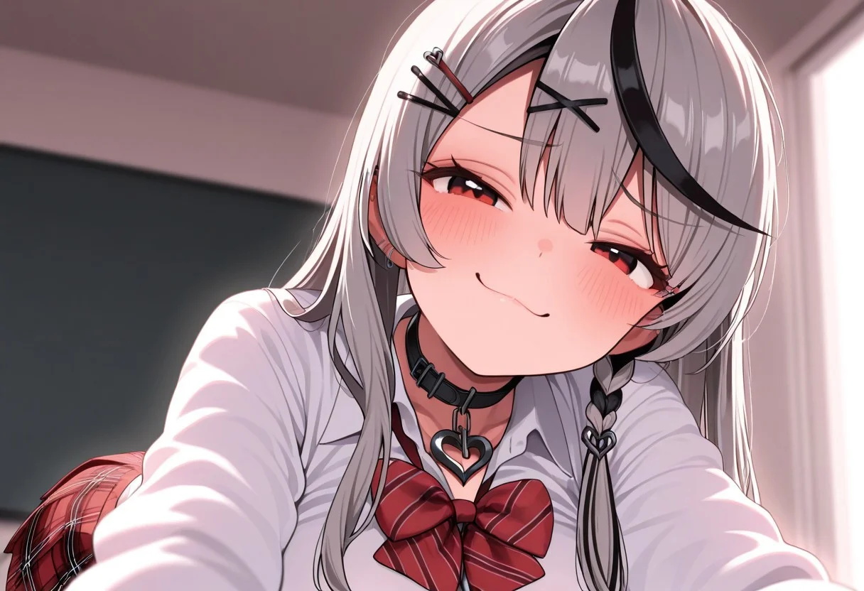 masterpiece, best quality, amazing quality, 
sakamata chloe, grey hair, streaked hair, multicolored hair, red eyes, gyarumata, long hair, cute, smug, horny, lustful, sexy pose,  
o-ring choker, bowtie, white shirt, tucked in, plaid skirt, pleated skirt,
