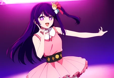 score_9, score_8_up, score_7_up, 1girl, solo, extremely detail face, ai hoshino, long hair, bangs, purple eyes, purple hair, symbol-shaped pupils, one side up, hair ornament, hair ribbon, skirt, thighhighs, white thighhighs, zettai ryouiki, idol, dress, pink dress, sleeveless, pink skirt, frilled skirt, bare shoulders, collar, white collar, open mouth, smile, pointing, doodle dance, stage, stage light <lora:Ruby_Hoshino_Doodle_Dance_Meme_Smaller_Hitbox:1> <lora:ai-hoshino-s1-ponyxl-lora-nochekaiser:0.85>