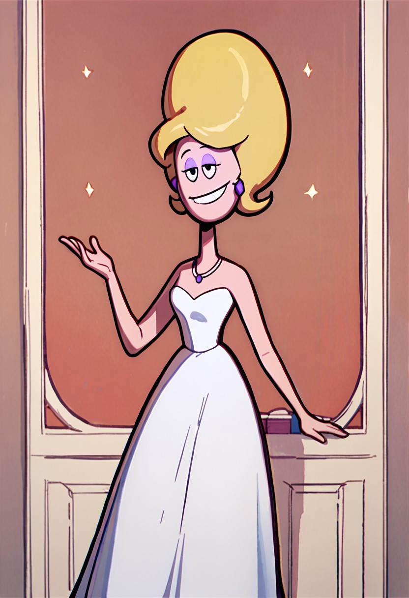 score_9, score_8_up, score_7_up BREAK PristineK, 1girl, blonde hair, black eyes, purple eyeshadow, purple oval earrings, purple necklace, strapless white dress, high-heeled white shoes, full body, smiling at viewer,
