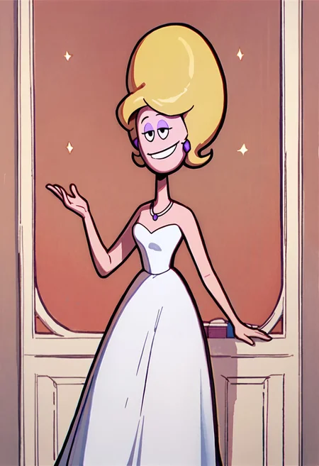 score_9, score_8_up, score_7_up BREAK PristineK, 1girl, blonde hair, black eyes, purple eyeshadow, purple oval earrings, purple necklace, strapless white dress, high-heeled white shoes, full body, smiling at viewer,
