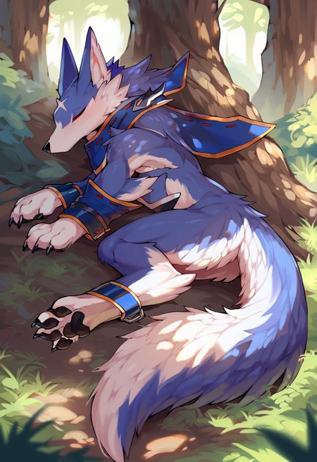<lora:MH_Palamute_a1_1_PonyXL_spnckpt1_th-1.4>,<lora:PDXL_artist_tags_v2_big>,score_9,score_8_up,score_7_up,palamute,feral,by zackary911,by syuro,by hanuvo,solo,hi res,detailed background,forest,
closed eyes,scarf,armgloves,ankle cuffs,curled up,sleeping,side view,shade,