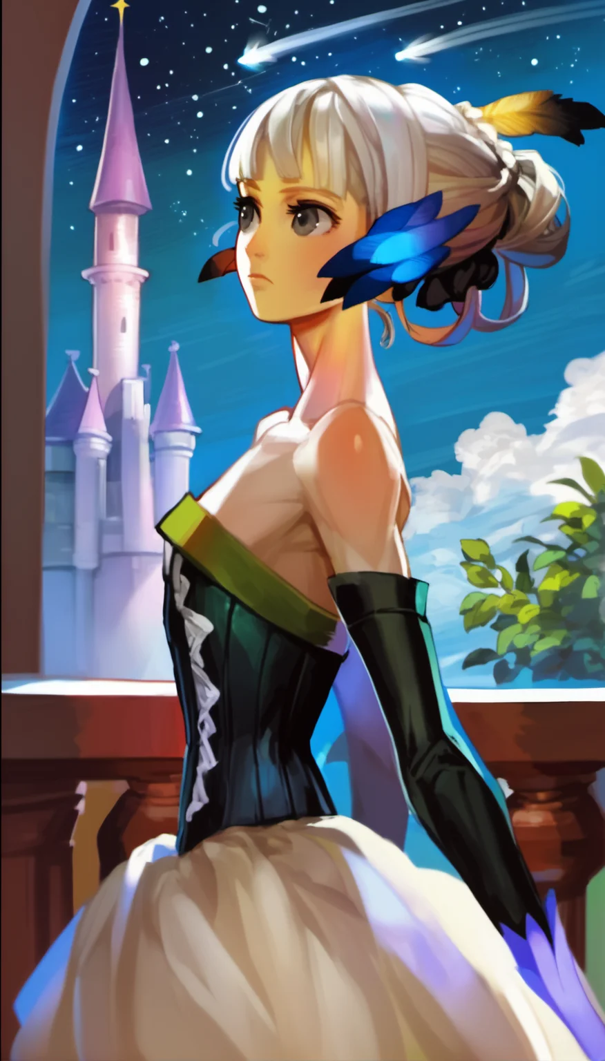 score_9,score_8_up,score_7_up,
<lora:vanillaStyle3:0.9>,
vanillastyle,
gwendolyn,
1girl,solo,white hair,long hair,half updo,blunt bangs,
grey eyes,looking to the side,looking up,
blue and black feather hair clip,
black corset,white underdress,bare shoulders,black detached sleeves,
upper body,from side,
indoors,starry sky,shooting star,castle,sky,cloud,balcony,fantasy atmosphere,