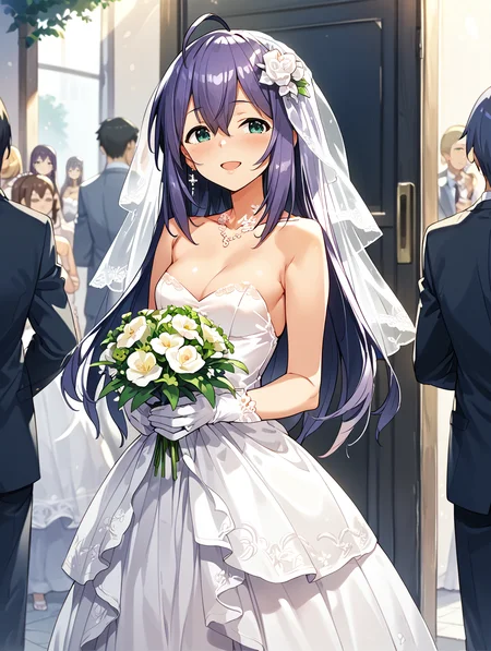score_9,score_8_up,score_7_up,
official art,official style,game cg,megami magazine,
uncensored,
1girl,solo,
mochizuki anna,purple hair,green eyes,ahoge,
wedding dress,wedding band,white dress,white gloves,
<lora:idolmaster_mochizuki_anna_pony_v1:1>,
