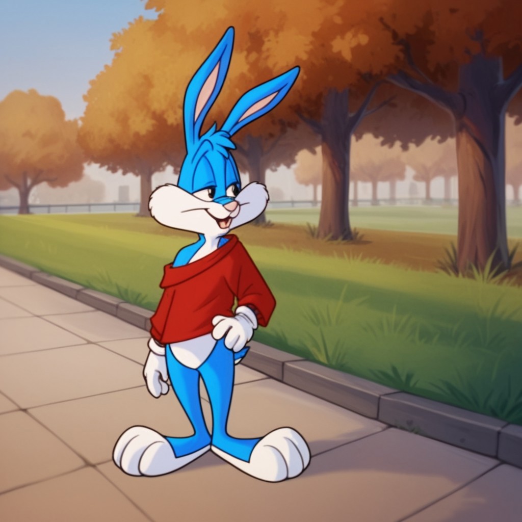 score_9, score_8_up, score_7_up, score_6_up, score_5_up, score_4_up, source_furry, bustertta, anthro, male, bunny, blue fur, red shirt, white gloves, in a park, full body, off shoulder