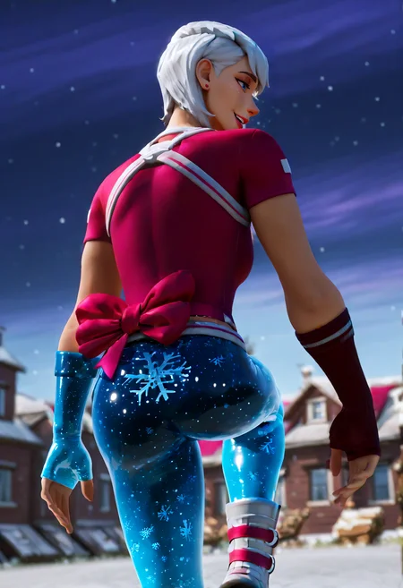 IllustriousQual <lora:StS-Illustrious-Detail-Slider-v1.0:2> <lora:cfg_scale_boost:0.3> detailed_background, bakery <lora:Frosted_Flurry_IL_-_V1:1> FrostedFlurryIL, female, white hair, blue eyes, christmas, holiday outfit, snowflake-themed, buzz cut, short hair, winter-themed, gloves, fingerless gloves, white dress, blue accents, spandex pants, white boots, thigh-high boots, earrings, snowflake accessories, festive, snowflake pattern, icy theme Dancing with arms out to the sides, from behind, anticipation
