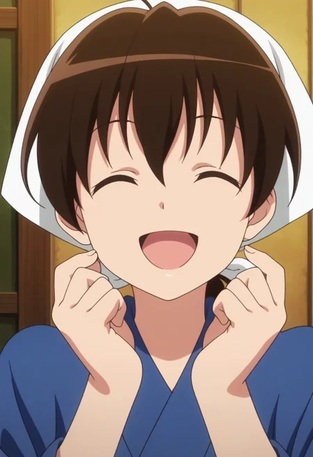 masterpiece,best quality,amazing quality, senke shinobu, brown hair, japanese clothes, blue kimono, brown eyes, 1girl, closed eyes, solo, anime coloring, open mouth, smile, kimono, :d, ponytail, head scarf