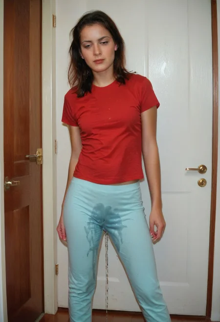"Girl with vietnam face, 21yo, near the outer door, light blue pajamas, maroon red t-shirt, peeing, (urination:1.5), medium: oil painting, realistic:1.37, best quality, ultra-detailed, studio lighting, vivid colors, physcially-based rendering, photo-realistic, score_9, score_8_up, score_7_up, (wetting self:1.2), peeing stream from pants, wet pants, wet crotch, wet patch.