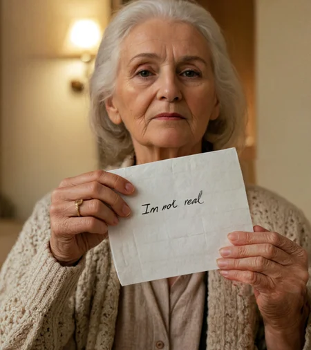 cinematic photo phone camera photo of a plain old woman holding a pice of paper with handwritten text '' i'm not real'', cinematic photorealistic, 8k uhd natural lighting, raw, rich, intricate details, key visual, atmospheric lighting, 35mm photograph, film, bokeh, professional, 4k, highly detailed