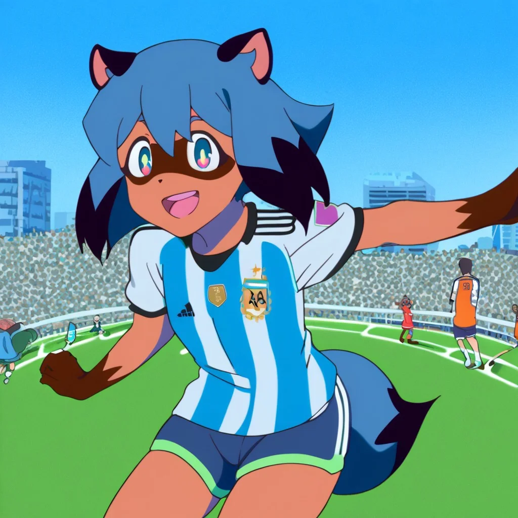 score_9, score_8_up, score_7_up, source_anime,
michirukagemori, <lora:michiru-kagemori-s1-ponyxl-lora-nochekaiser:1>,
ArgentinaCampeona, shirt, striped, sportswear, soccer uniform, soccer,
michiru kagemori, short hair, black hair, animal ears, blue hair, multicolored hair, furry, furry female, raccoon ears, body fur, raccoon girl, raccoon tail, tail,
shirt, shorts, blue shorts,
outdoors, cityscape, bent over, smile,
solo, dutch angle, looking at viewer, cowboy shot,
happy, detailed background, flat chest, Argentina soccer shirt, Argentina flag, <lora:Starfire_TTGO_PDXL:0.5>
outside, tree, grass,
assisted exposure, male, female, having a party with friends, holding Argentina flag