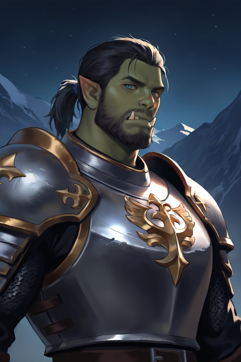 masterpiece, best quality, highres, newest, 1boy, solo, male focus, mature male, orc, colored skin, green skin, tusks, blue eyes, medium hair, black hair, hair slicked back, ponytail, facial hair, beard, mustache, looking at viewer, full armor, shoulder armor, breastplate, pauldrons, upper body, closed mouth, standing, outdoors, mountain, night, night sky, dark background <lora:NAI3 Smooth Boys [LoRA] - NoobAI-XL EPS 1.0:0.8>