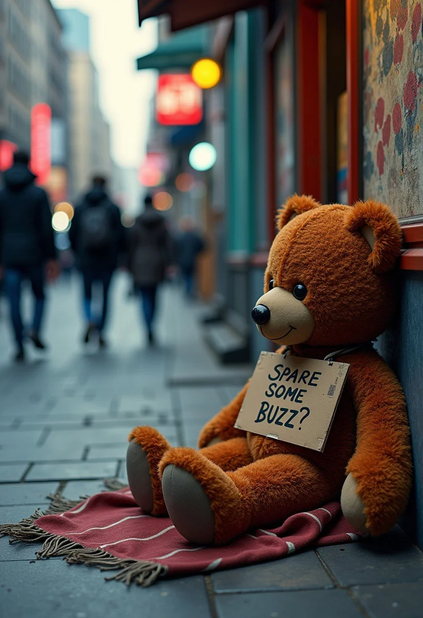 Intricately detailed, 64 megapixel, Futuristic street scene, 2074, indifferent passers-by walking past a forlorn homeless teddy bear lacquered in shades of rust sitting on a worn blanket and leaning against an aged cardboard box, the teddy bear's begging sign "SPARE SOME BUZZ?" stark against the nightfall's hush, vibrant and varied color palette, intricate designs, deep shadows, soft light, dramatic lighting, ultra realistic