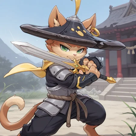 masterpiece, best quality, amazing quality, cr0wnprinc3, male, furry male, anthro, solo, cat, orange fur, two-tone fur, green eyes, pointed ears, ear tufts, pink nose, whiskers, tail, feathered hat, gold piercing, black shirt, yellow scarf, shoulder pad, arm guards, light armor, black pants, fight stance, holding sword, looking at viewer, outdoors, temple